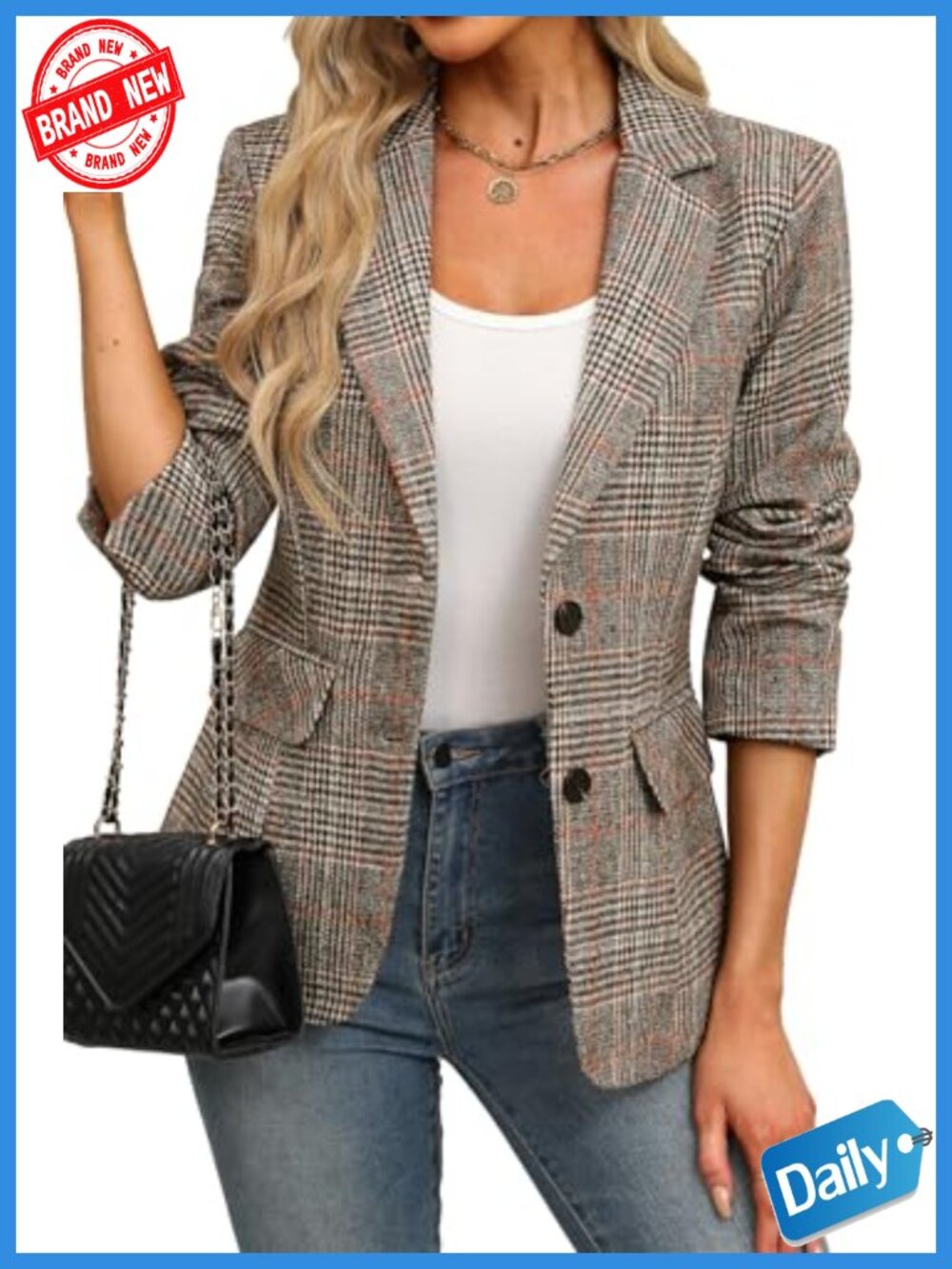 Women's Plaid Blazer Business Casual Work Office Suit Jacket Houndstooth Tweed - Picture 1 of 6